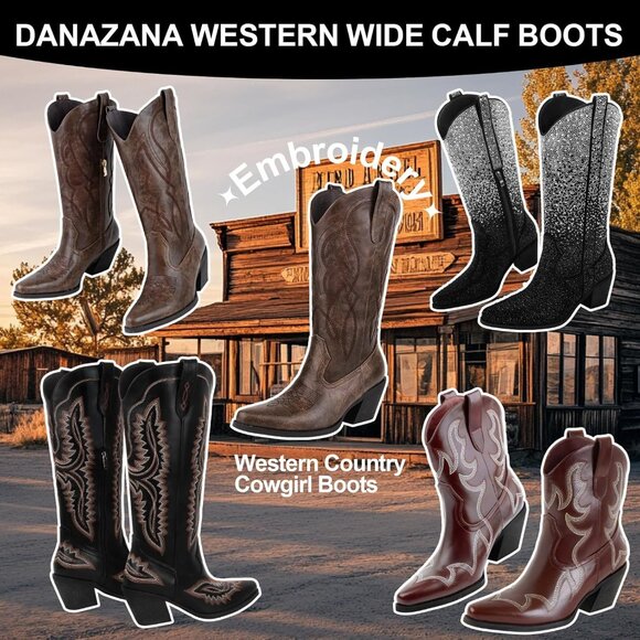 ⚡Women's Brown Wide Calf Western Cowgirl Boots Embroidered Pointed Toe Half Zip - Picture 7 of 8